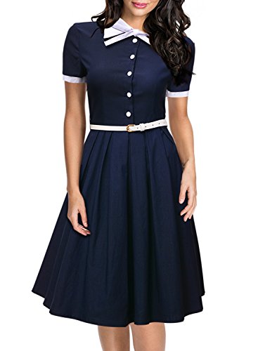 Miusol Damen Schulmaedchen Revers mit Schleife Marine Stil Rockabilly Cocktailkleid Business 80er Jahr Kleid Blau Gr.M - 