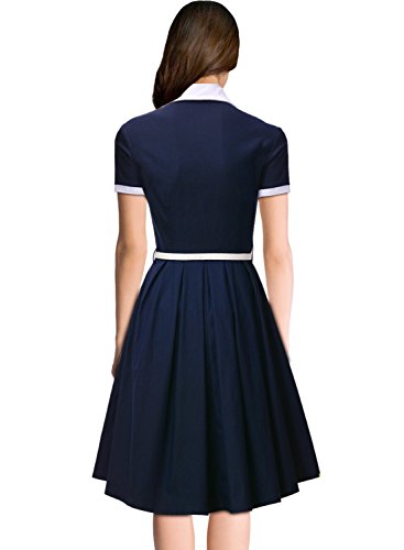 Miusol Damen Schulmaedchen Revers mit Schleife Marine Stil Rockabilly Cocktailkleid Business 80er Jahr Kleid Blau Gr.M - 