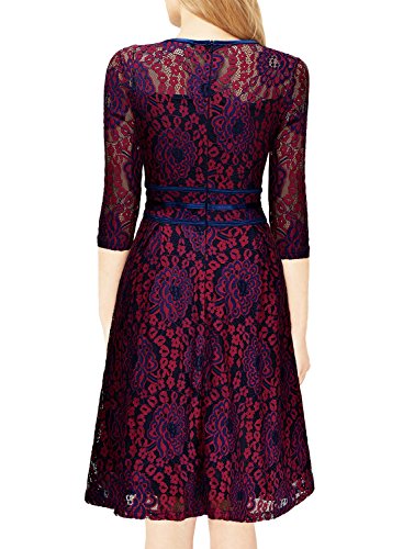 Miusol Damen Elegant Spitzen Abendkleid 3/4 Arm Knielang Hochzeit Brautjungfer Ballkleider Rot Gr.S - 5