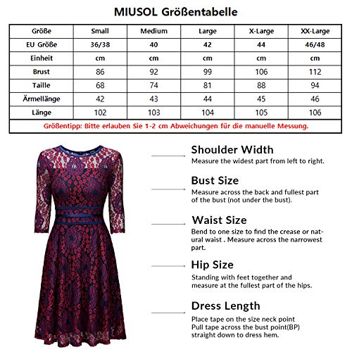 Miusol Damen Elegant Spitzen Abendkleid 3/4 Arm Knielang Hochzeit Brautjungfer Ballkleider Rot Gr.S - 7