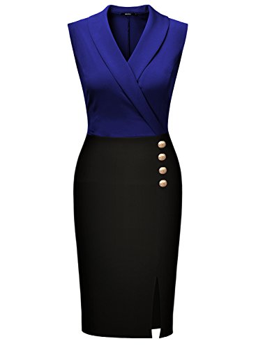 Miusol Damen Aermellos V-Ausschnitt Wickelkleid Kleiner Beinschlitz Knielanges Abendkleid Blau Gr.XXL - 4