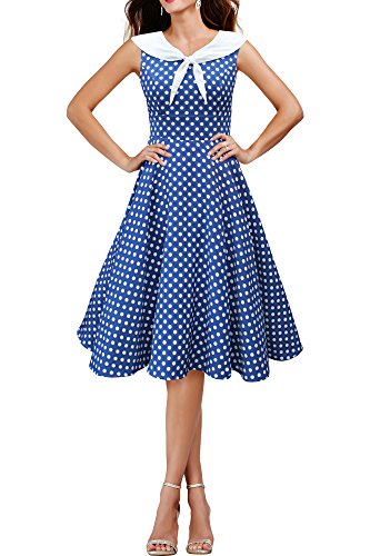 Black Butterfly 'Clio' 50's Polka-Dots Kleid mit besetztem Ausschnitt (Denim, EUR 40 - M)