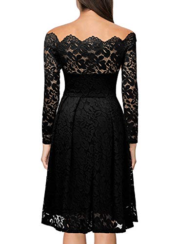 Miusol Damen Vintage 1950er Off Schulter Cocktailkleid Retro Spitzen Schwingen Pinup Rockabilly Kleid Schwarz Gr.XL - 2