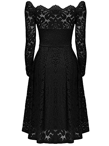 Miusol Damen Vintage 1950er Off Schulter Cocktailkleid Retro Spitzen Schwingen Pinup Rockabilly Kleid Schwarz Gr.XL - 7