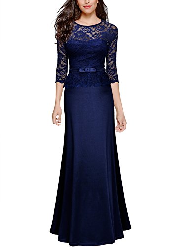 Miusol Damen Abendkleid 3/4 Arm Elegant Spitzen Kleid Brautjungfer Langes Cocktailkleid Navy Blau Gr.L