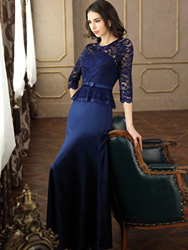 Miusol Damen Abendkleid 3/4 Arm Elegant Spitzen Kleid Brautjungfer Langes Cocktailkleid Navy Blau Gr.L - 6