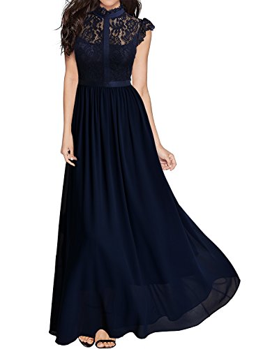 Miusol Damen Elegant Spitzen Abendkleid Brautjungfer Cocktailkleid Chiffon Faltenrock Langes Kleid Dunkelblau Gr.XL