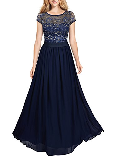 Miusol Damen Kleid Lace Blume Spitze Stickerei Rundhals Chiffonkleid Maxi Langes Abendkleid Dunkelblau Gr.XL