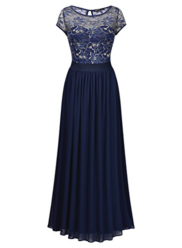 Miusol Damen Kleid Lace Blume Spitze Stickerei Rundhals Chiffonkleid Maxi Langes Abendkleid Dunkelblau Gr.XL - 