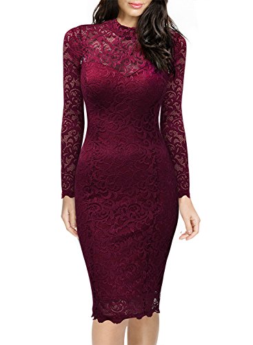 Miusol Damen Elegant Kleider Rundhals Knilanges Rotwein Spitzenkleid Stretch Ball-Abendkleider Gr.M