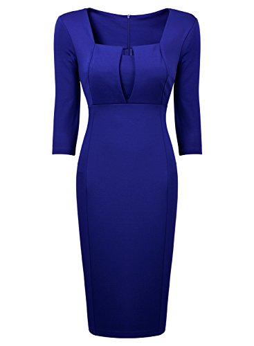 Miusol Damen Eckiger Ausschnitt 3/4 Armel Business Elegant Klassisch Etuikleid Abendkleider, Dunkelblau Gr.38/M - 3