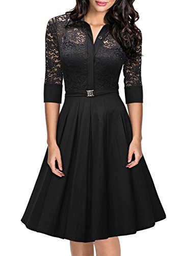 Miusol Damen Spitzen 3/4 Aermel Elegant Revers Cocktailkleid 1950er Jahre Faltenrock Party Kleid Schwarz1 Gr.S