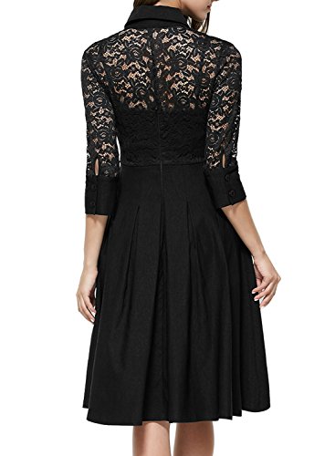 Miusol Damen Spitzen 3/4 Aermel Elegant Revers Cocktailkleid 1950er Jahre Faltenrock Party Kleid Schwarz1 Gr.S - 2