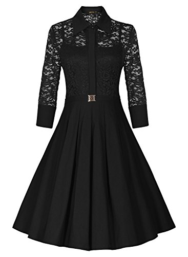 Miusol Damen Spitzen 3/4 Aermel Elegant Revers Cocktailkleid 1950er Jahre Faltenrock Party Kleid Schwarz1 Gr.S - 3