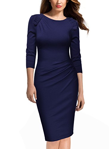 Miusol Damen Abendkleid Rundhals Elegant Kleid 3/4 Arm Etuikleid Cocktailkleid Blau Gr.L - 3