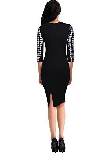 Miusol Damen Kleid Mit 3/4-Arm Hahnentritt Muster mit Reissverschluss vorne?Business Abendkleider Schwarz EU 44/46/XXL - 4