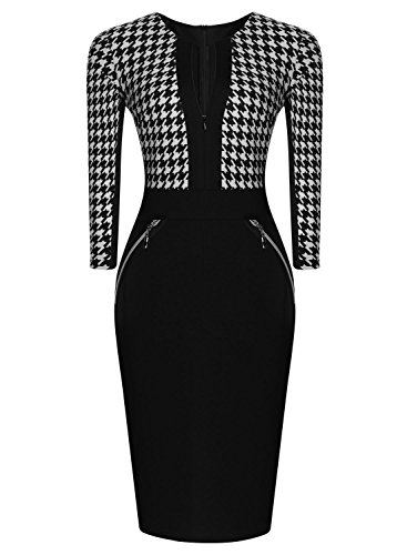Miusol Damen Kleid Mit 3/4-Arm Hahnentritt Muster mit Reissverschluss vorne?Business Abendkleider Schwarz EU 44/46/XXL - 2