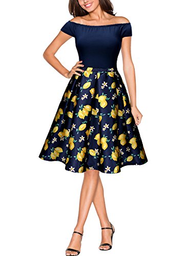 Miusol Damen Elegant Schulterfrei Knielanges Cocktailkleid A-Linie Abendkleid Navy Blau Gr.XL