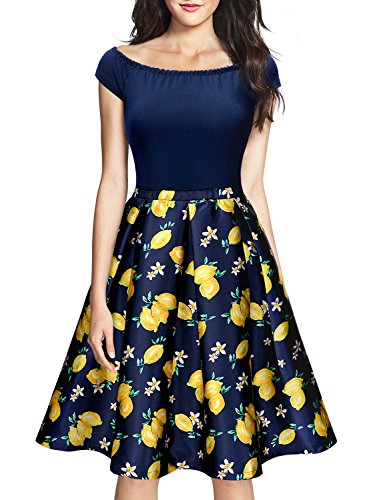 Miusol Damen Elegant Schulterfrei Knielanges Cocktailkleid A-Linie Abendkleid Navy Blau Gr.XL - 