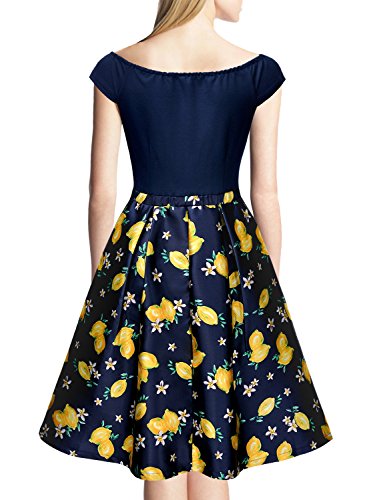 Miusol Damen Elegant Schulterfrei Knielanges Cocktailkleid A-Linie Abendkleid Navy Blau Gr.XL - 