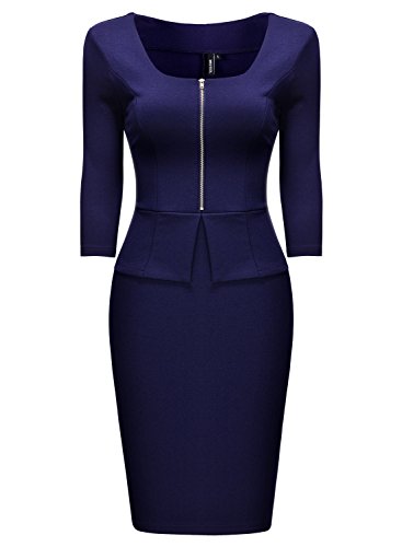 Miusol Vintage Kleid Karree-Ausschnitt 3/4 Arm Cocktailkleid Business Kleid, Blau - 4