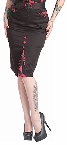 Retro Voodoo Vixen RED FLOWER Bleistiftrock PENCIL SKIRT Schwarz Rockabilly Vint