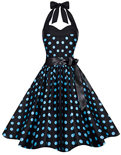 Zarlena Damen Rockabilly Kleid Polka Dots Punkte Tupfen Retro 50er Neckholder Schwarz mit türkisen Dots