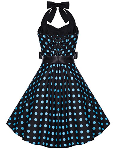 Zarlena Damen Rockabilly Kleid Polka Dots Punkte Tupfen Retro 50er Neckholder Schwarz mit türkisen Dots - 2