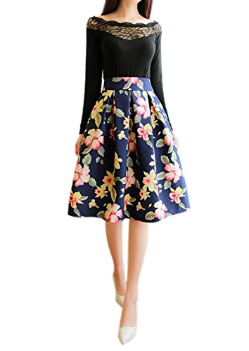 Minetom Damen Vintage Sommer Knielang Rock Blumenmuster A Line Blumen Rock Elegant Sexy Kleid