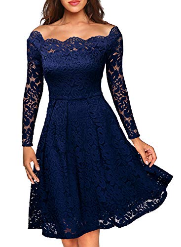 Miusol Damen Vintage 1950er Off Schulter Cocktailkleid Retro Spitzen Schwingen Pinup Rockabilly Kleid Dunkelblau