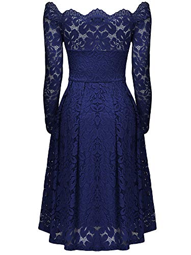 Miusol Damen Vintage 1950er Off Schulter Cocktailkleid Retro Spitzen Schwingen Pinup Rockabilly Kleid Dunkelblau - 7