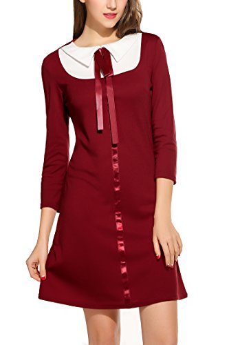 Zeagoo Damen 3/4 Ärmel Rundhals 60s Vintage Kleid Rockabilly Festliche Kleider Freizeitkleid Weinrot