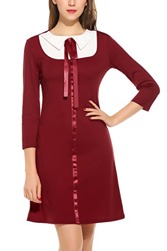 Zeagoo Damen 3/4 Ärmel Rundhals 60s Vintage Kleid Rockabilly Festliche Kleider Freizeitkleid Weinrot - 3