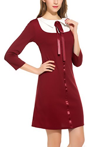 Zeagoo Damen 3/4 Ärmel Rundhals 60s Vintage Kleid Rockabilly Festliche Kleider Freizeitkleid Weinrot - 3