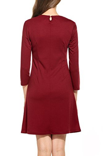 Zeagoo Damen 3/4 Ärmel Rundhals 60s Vintage Kleid Rockabilly Festliche Kleider Freizeitkleid Weinrot - 2