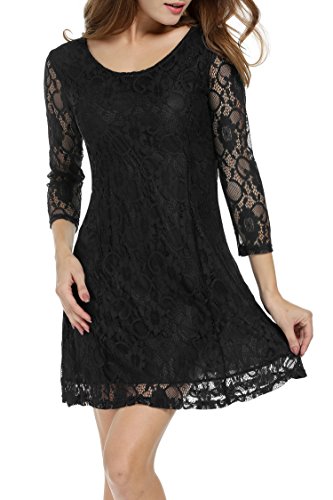 Zeagoo Damen 3/4 Ärmeln Spitzenkleid Festliches Kleid Partykleid A-Linie Kleider (EU 36 (Herstellergröße: S), Schwarz)