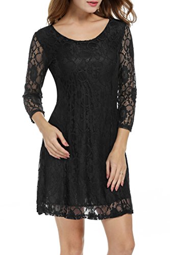 Zeagoo Damen 3/4 Ärmeln Spitzenkleid Festliches Kleid Partykleid A-Linie Kleider (EU 36 (Herstellergröße: S), Schwarz) - 3