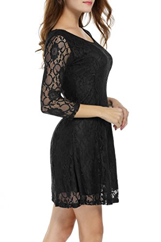 Zeagoo Damen 3/4 Ärmeln Spitzenkleid Festliches Kleid Partykleid A-Linie Kleider (EU 36 (Herstellergröße: S), Schwarz) - 2