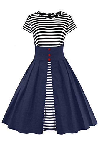 Babyonline 50er Jahre Keid Kurzarm Vintage Swing Kleid ~ Faltenrock Knielang ~ Blau