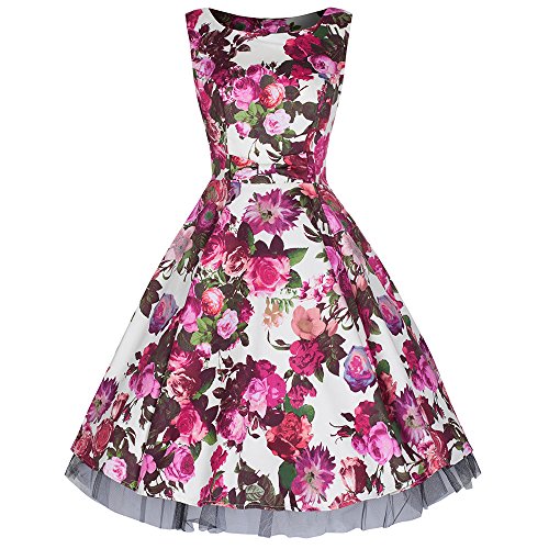 Creme-Rose 50er Jahre Kleid Bogenvorder Blumendruck Baumwolle