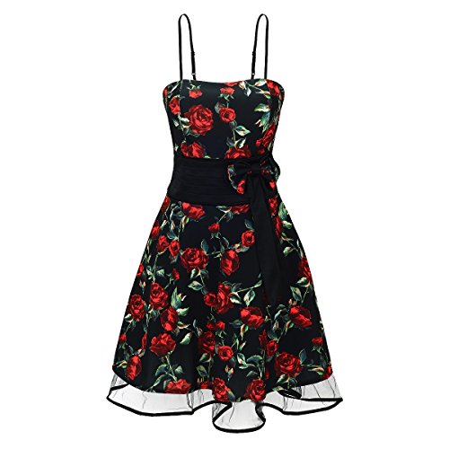 Damen Kleid Rockabilly Stil & Blumenmuster in Schwarz und Rot