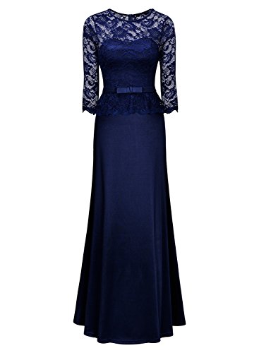 Miusol Damen Abendkleid 3/4 Arm Elegant Spitzen Kleid Brautjungfer Langes Cocktailkleid Navy Blau Gr.M - 3