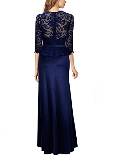 Miusol Damen Abendkleid 3/4 Arm Elegant Spitzen Kleid Brautjungfer Langes Cocktailkleid Navy Blau Gr.M - 4