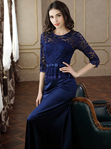 Miusol Damen Abendkleid 3/4 Arm Elegant Spitzen Kleid Brautjungfer Langes Cocktailkleid Navy Blau Gr.M - 6