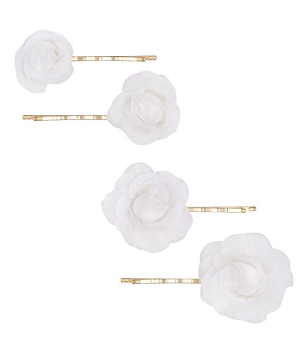 SIX "Basic" 4er Set goldene Haarklammern, Haarschmuck mit weißen Rosen-Blüten aus Stoff (329-599)