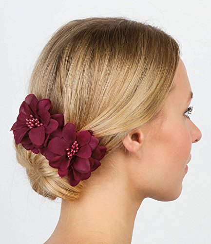 SIX "Flower" women hair accessories, two dark red flowers in a zigzagged beak clip, duck clip hair slides, brooch (329-705)