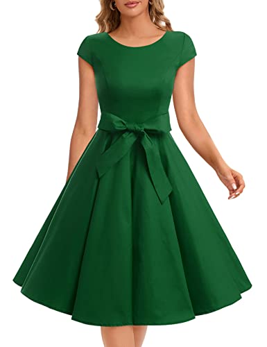 Dressystar Damen Vintage 50er Cap Sleeves Dot Einfarbig Rockabilly Swing Kleider S Armeegrün