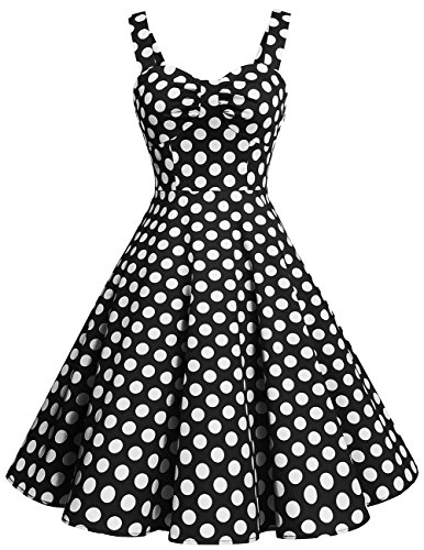 Dresstells Schultergurt 1950er Retro Schwingen Pinup Rockabilly Kleid Faltenrock Black White Dot XL