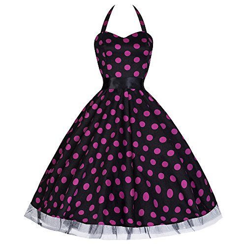 Pretty Kitty Fashion 50s Groß Lila Polka Dot Schwarz Weiß Neckholder Cocktail Kleid XS