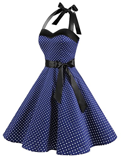 Dresstells Neckholder Rockabilly 50er Polka Dots Punkte 1950er Kleid Petticoat Faltenrock Navy White Dot S - 2